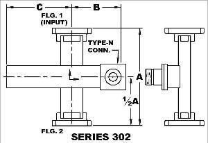 Series 302 Waveguide Crossguide Directional Coupler - 2 WG Ports, 1 Type-N Port - Diagram