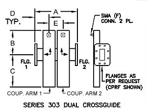 Dual Arm Crossguide Directional Waveguide Couplers - 2 WG Ports, 2 Coax SMA (F) Ports