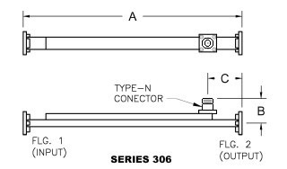 Waveguide Broadwall Directional Coupler - 2 Waveguide Ports, 1 Type-N Port - Diagram